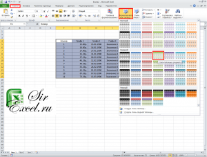 Шаблон форматирования таблицы Excel